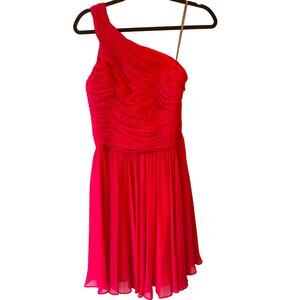 Halston Heritage One Shoulder Ruched Bright Pink Fuchsia Flowy Mini Dress sz 4